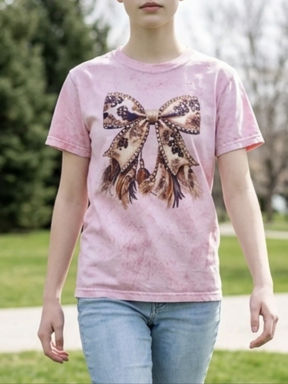Comfort Colors Pink Splattered Feather Ribbon Tee Small